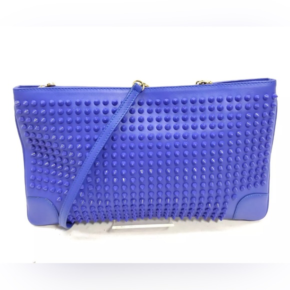 Auth Christian Louboutin Blue Spiked Studded Calfskin Loubiposh Clutch - Picture 6 of 10